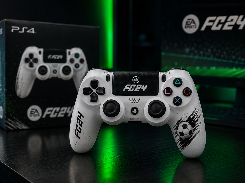 دسته بازی PS4 طرح FC24 سفید با تم فوتبالی در استودیوی گیمینگ مدرن و نورپردازی سبز.